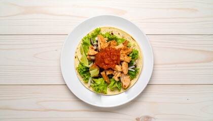 Top view of a tasty chicken taco on a white plate on a wooden table, Chicken taco with fresh salsa,...