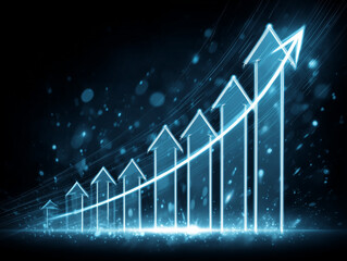 Naklejka premium Futuristic glowing blue arrow graph with multiple rising bars
