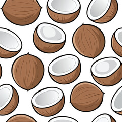 Seamless pattern of fresh coconuts, whole and halved, arranged on a white background.