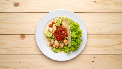 Overhead Shot of a Fresh Chicken Taco with Salsa and Lime on a Wooden Table, Delicious Chicken Taco...