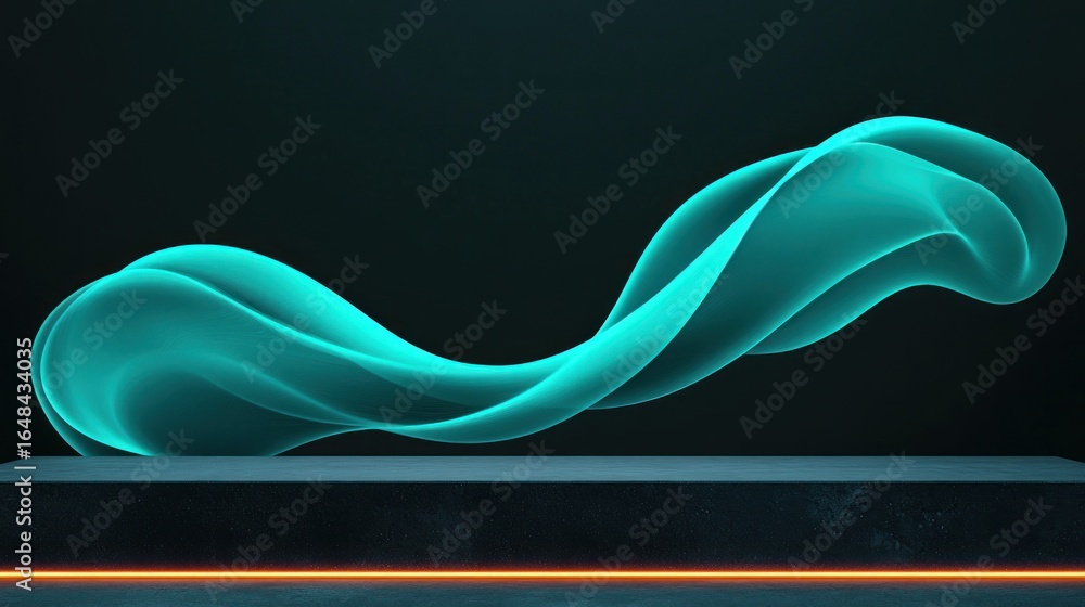 Poster a teal abstract wave form swirling above a dark surface with a thin orange line at the bottom edge