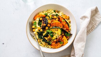 Couscous and Roasted Vegetable Bowl with Chickpeas for a Healthy Meal, Delicious Vegetarian Bowl with Couscous and Roasted Vegetables and Chickpeas