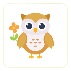 Fototapeta premium Cute cartoon owl holding a flower, with big eyes and a friendly expression.