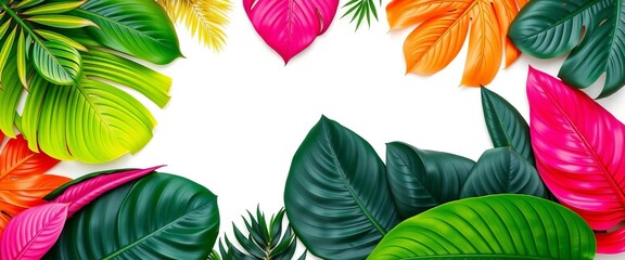 Naklejka premium Vibrant tropical leaves arranged in a creative flat lay, texture, lush
