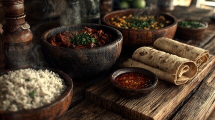 Fototapeta premium Steaming Hot Dishes, Rice, Flatbreads