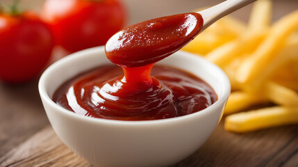 Spoonful of red ketchup served with tomatoes and fries