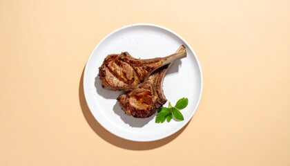 Elegant Lamb Chops with Fresh Parsley on a White Plate, Simple Still Life of Grilled Lamb Chops on White Plate with Mint Sprig