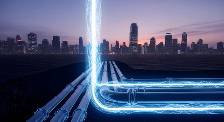 energy flow pipelines city skyline dusk