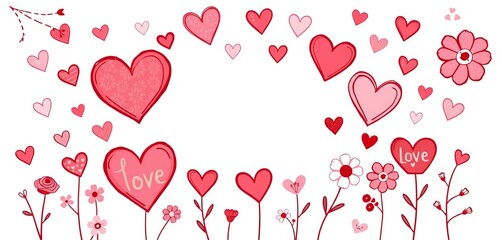 Whimsical hand-drawn Valentine's Day hearts, flowers, and love elements in a romantic style,  vintage,   purple