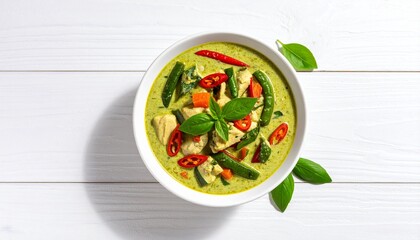 Authentic Thai Green Curry with Chicken and Vegetables, A Delicious Bowl of Green Curry With Chicken and Basil Leaves
