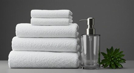 Stacked white towels, accompanied by a soap dispenser and plant, sit on a gray background.