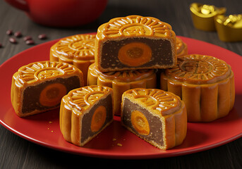 Assorted mooncakes, a traditional Chinese pastry, stacked on a red plate, with some cut open to reveal orange fillings.