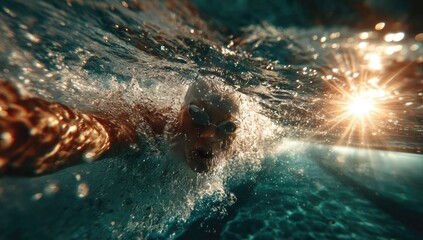 Fototapeta premium Underwater view of a swimmer's face with sun rays piercing the water
