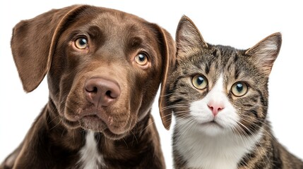 Portrait of Happy dog and cat that looking at the camera together isolated on white background, friendship between dog and cat, amazing friendliness of the pets
