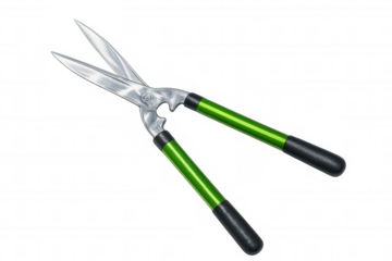 Sharp gardening shears with green handles isolated on a transparent background, ready for pruning and trimming tasks