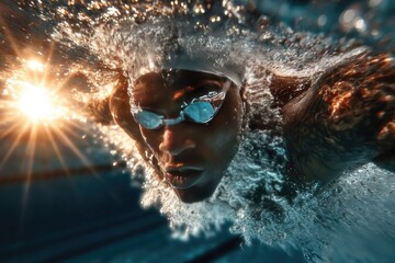 Underwater view of a determined swimmer in a sunlit pool, creating splashes