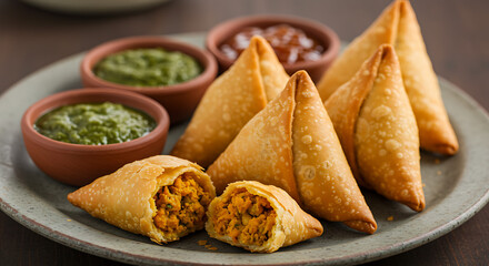 Several golden-brown samosas are arranged on a plate with small bowls of green and brown dipping sauces. One samosa is cut open, revealing its filling.