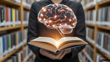 Person holding open book with glowing brain above in library human brain knowledge