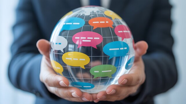 Person holding transparent globe with colorful speech bubbles world communication