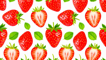 Vibrant close-up of fresh, ripe strawberries, showcasing their juicy texture and bright red color against a white background.