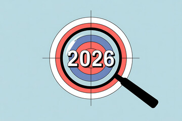 Year 2026 Target with Magnifying Glass, Representing Goals, Focus