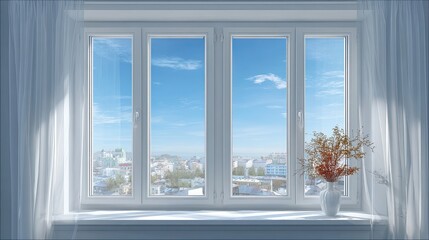 Sunlight streams through a white window, city view