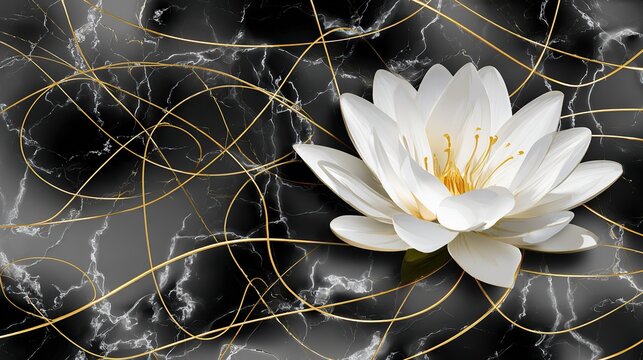 3D wallpaper with a white lotus flower with golden stamens, set against a marble background adorned with golden lines, making it an eye-catching decoration.