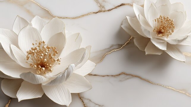 3D wallpaper with a white lotus flower with golden stamens, set against a marble background adorned with golden lines, making it an eye-catching decoration.