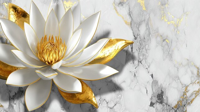 3D wallpaper with a white lotus flower with golden stamens, set against a marble background adorned with golden lines, making it an eye-catching decoration.