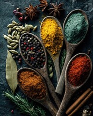 Wooden spoons filled with colorful spices, herbs, and peppercorns on a dark background