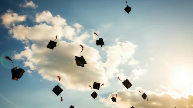 Graduation caps tossed against a brilliant sky, symbolising the joy of academic success and new