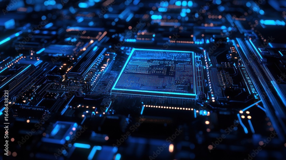 Poster blue illuminated circuit board with central processor