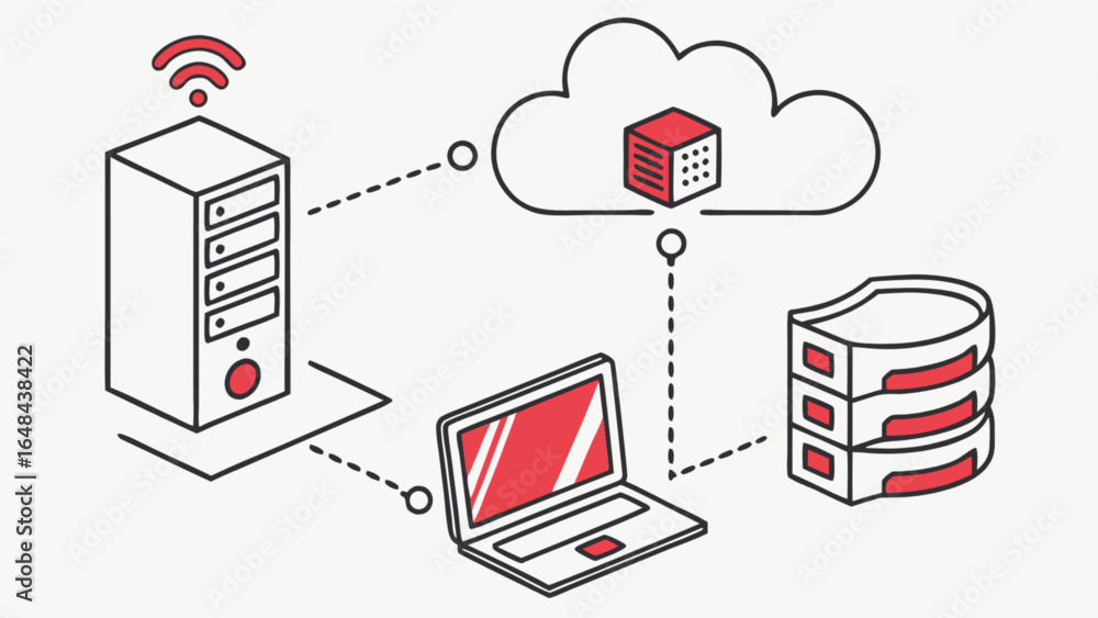 Poster cloud computing network diagram illustrating server database and laptop connectivity for modern infr