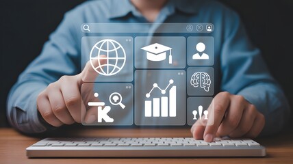 Person touching digital interface with education and data icons hand finger