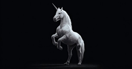 Obraz premium White unicorn rearing against black background