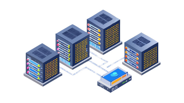 Isometric server rack data center cloud computing network hosting storage information technology infrastructure