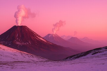 Majestic Volcanoes Erupting Under a Pink Sky