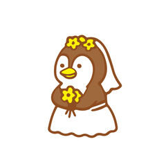 Wedding Penguin in a Dress with Flowers and Veil