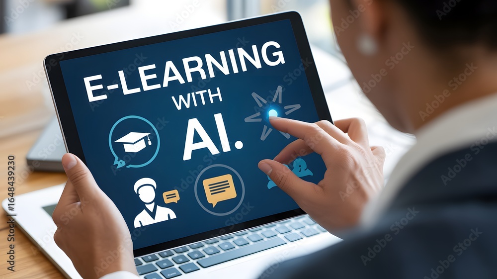 Aufkleber person using laptop for e-learning with a i and icons artificial intelligence computer