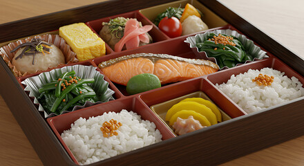 Japanese bento box filled with various cooked food items.
