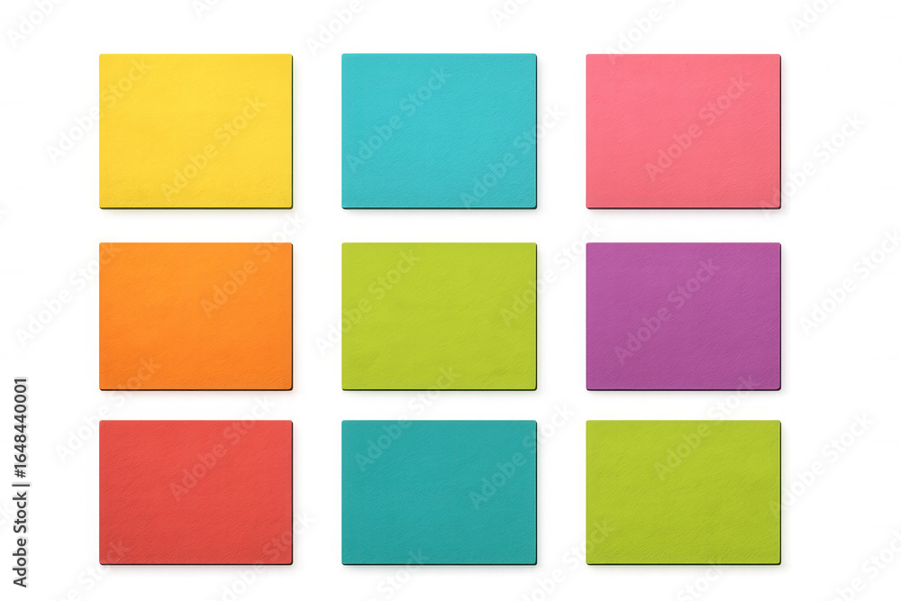 Poster multicolored adhesive notes positioned geometrically, displaying organizational pattern against clea