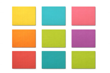 Multicolored adhesive notes positioned geometrically, displaying organizational pattern against clear backdrop