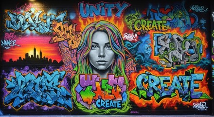 Vibrant Graffiti Art: Unity, Creation, and Urban Expression on Brick Wall
