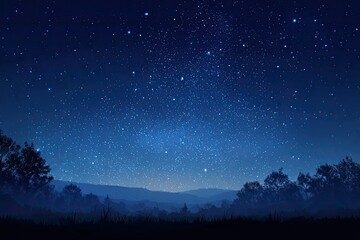 Starry night over a tranquil landscape. Silhouettes of trees and hills under a vast, star-studded sky