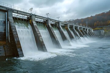 Water cascading from a large dam into a river, surrounded by autumn foliage and overcast skies
