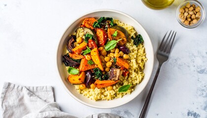 Vibrant Moroccan couscous bowl with roasted vegetables, including sweet potato, red onion, and kale, served with chickpeas. Overhead shot.