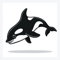Cartoon illustration of a happy orca whale with black and white colors, smiling.
