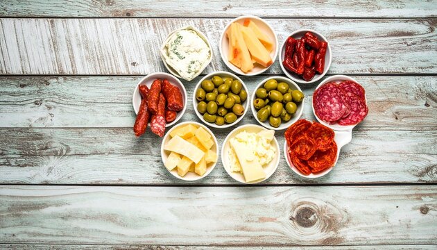 Delicious assortment of Spanish tapas and Mediterranean appetizers with olives, cheese, and cured meats. Top-down flat lay on a rustic wooden table.