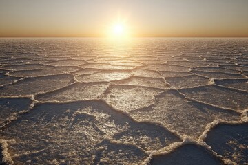 Vast, sun-drenched salt flat at sunrise.  Hexagonal patterns