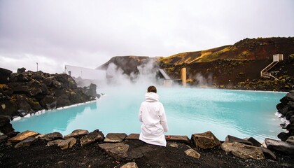 Tranquil Woman Relaxing at a Geothermal Spa Resort in Iceland